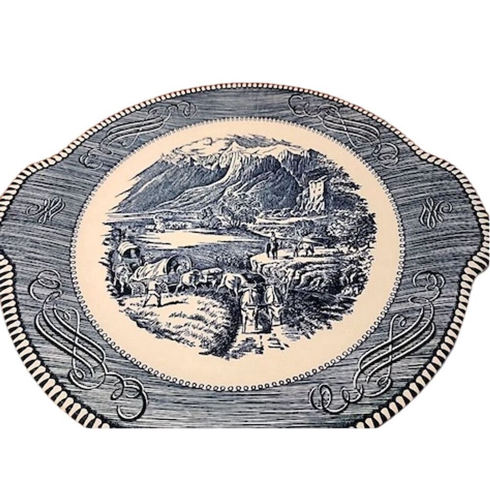 Royal China Currier & Ives Blue Handled Cake Plate Vintage Scenic Decor